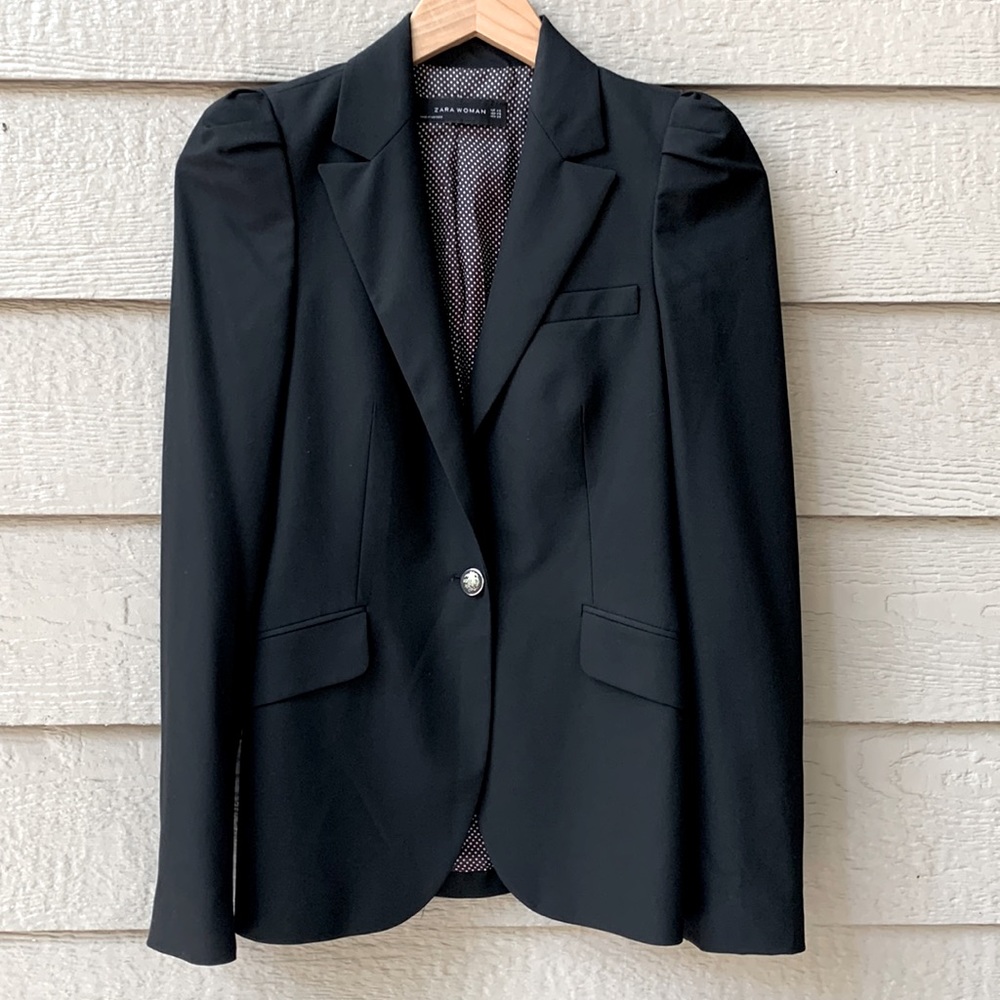 Zara Black Blazer Feminine Ruched Shoulder One Button